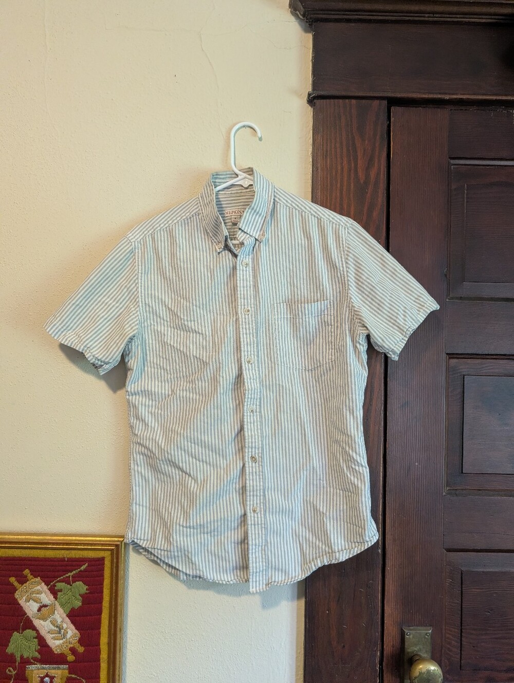 Merona Men's Blue And White Railroad Stripe Button Down Tshirt 100% Cotton
